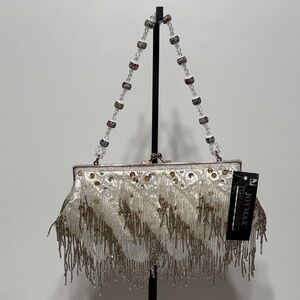 White and Silver Fringe Satin Evening Bag